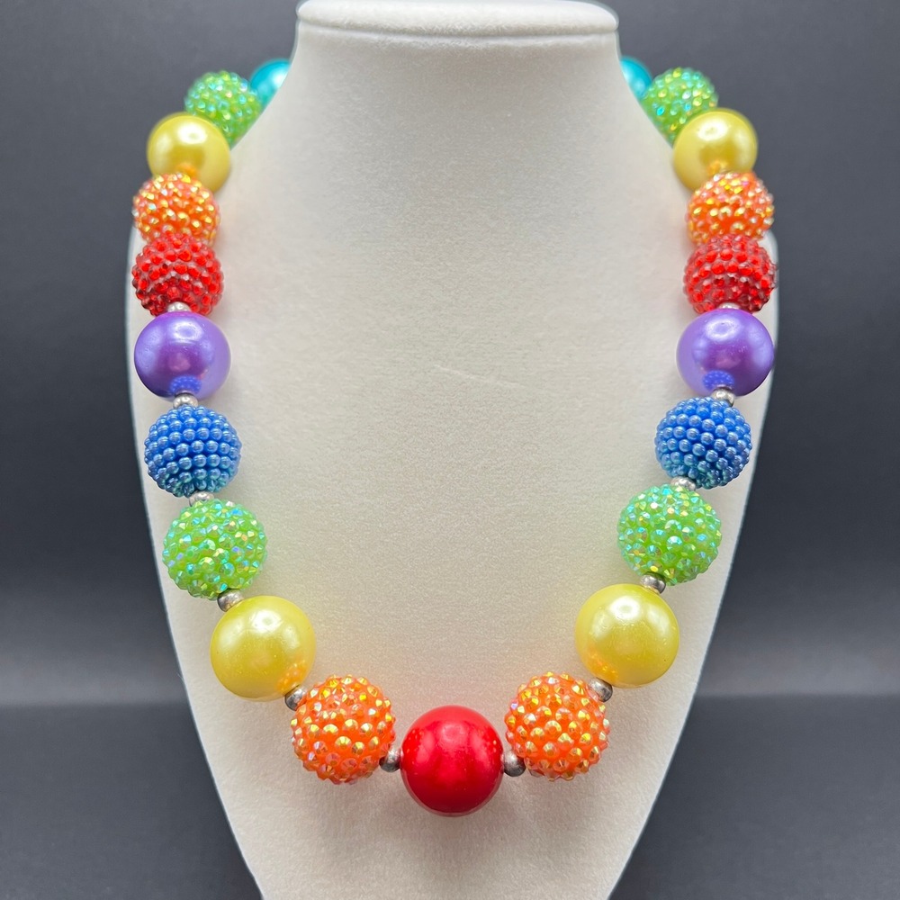 Rainbow Bubblegum Bead Necklace Chunky Textured Disco Ball Pride Kidcore 21"